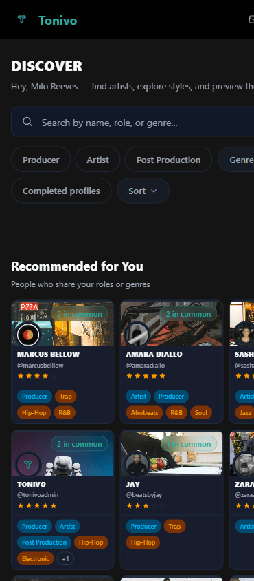 Tonivo discover page on a phone