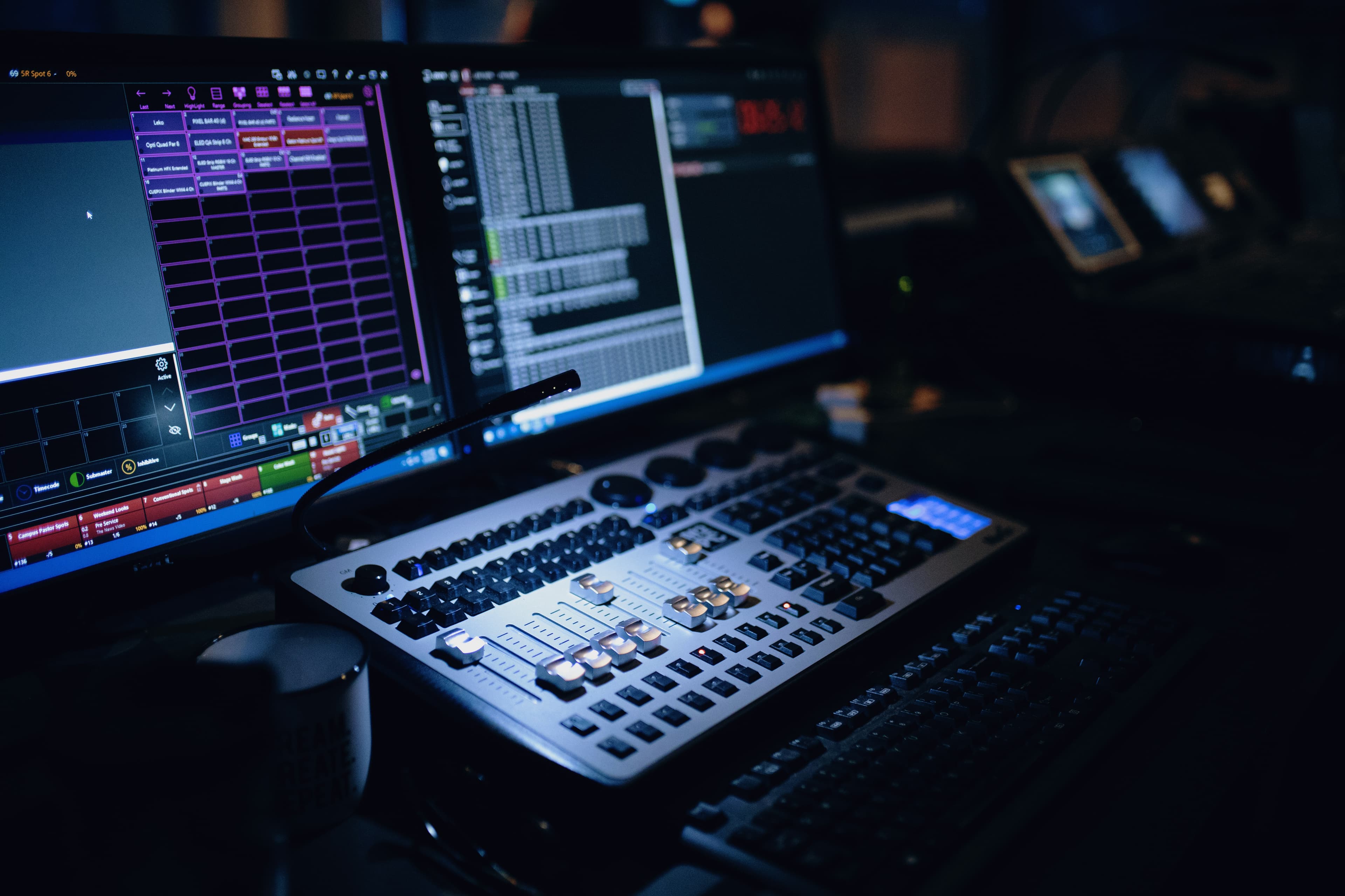 Music production studio with monitors and mixing equipment