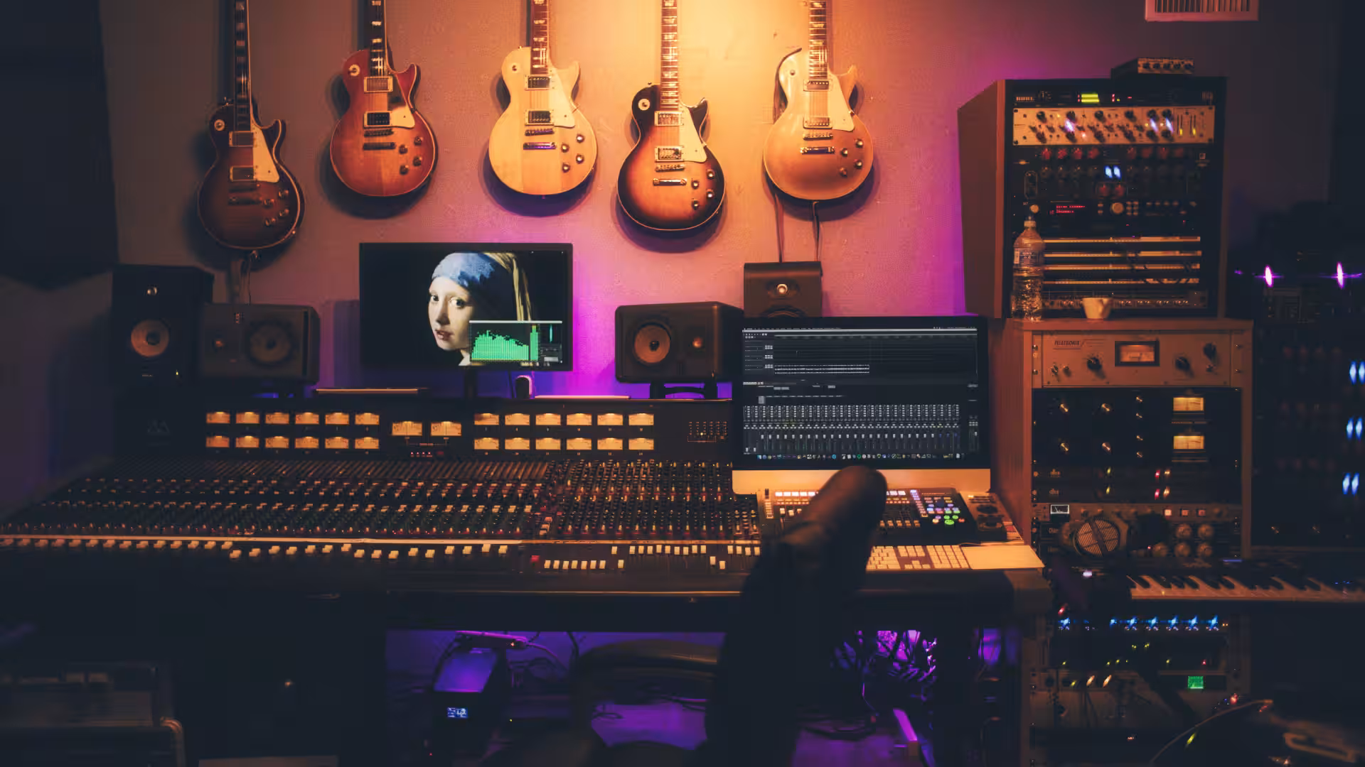 Professional recording studio with mixing console and guitars