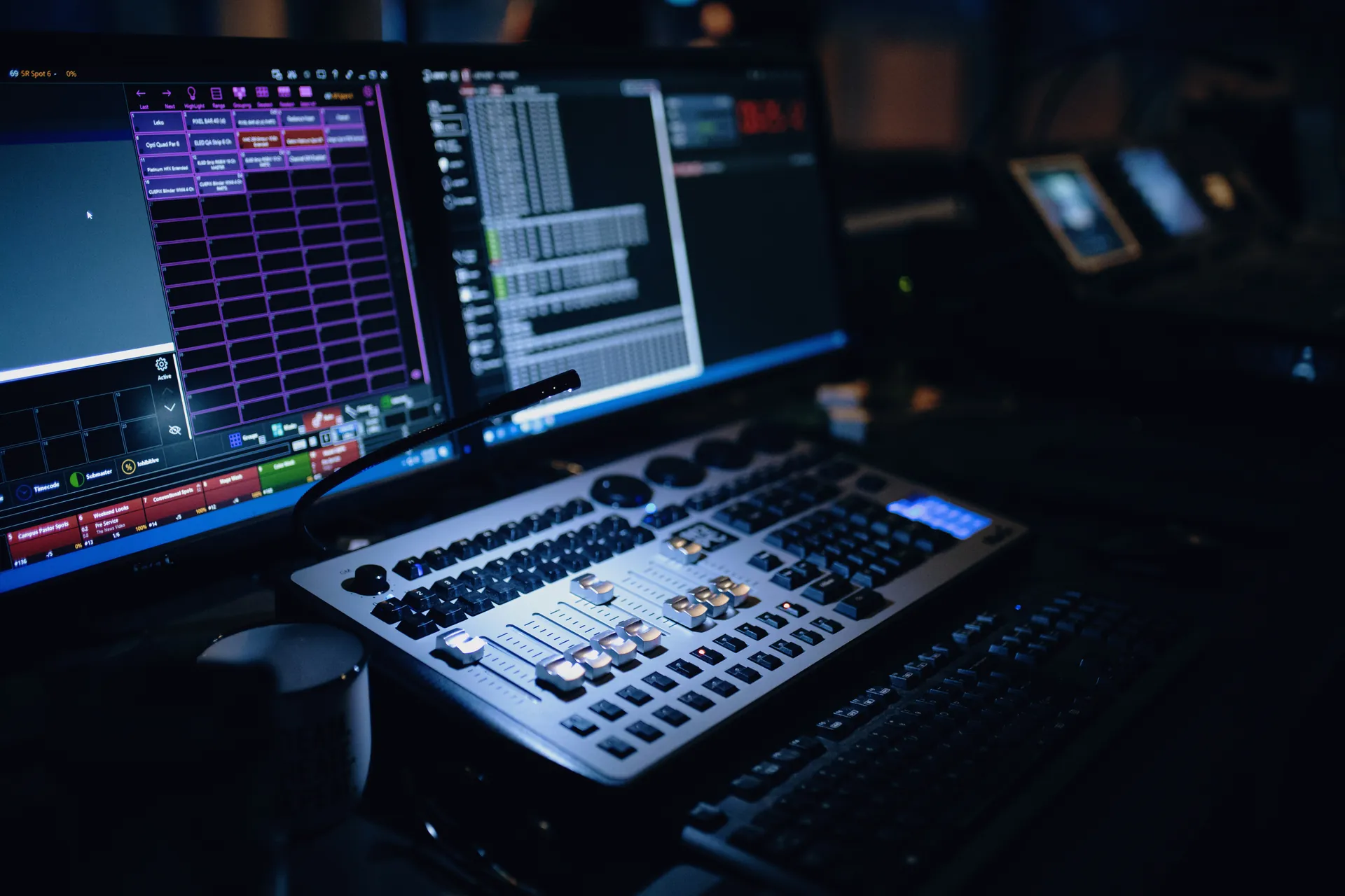 Music production studio with monitors and mixing equipment